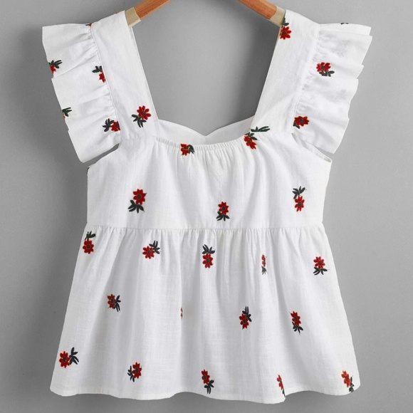SHEIN Ruffle Trim Floral Embroidered Babydoll Top - Picture 2 of 3